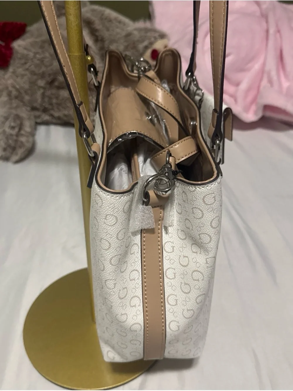 GUESS Cream Tote with Tan Straps and Logo Wallet